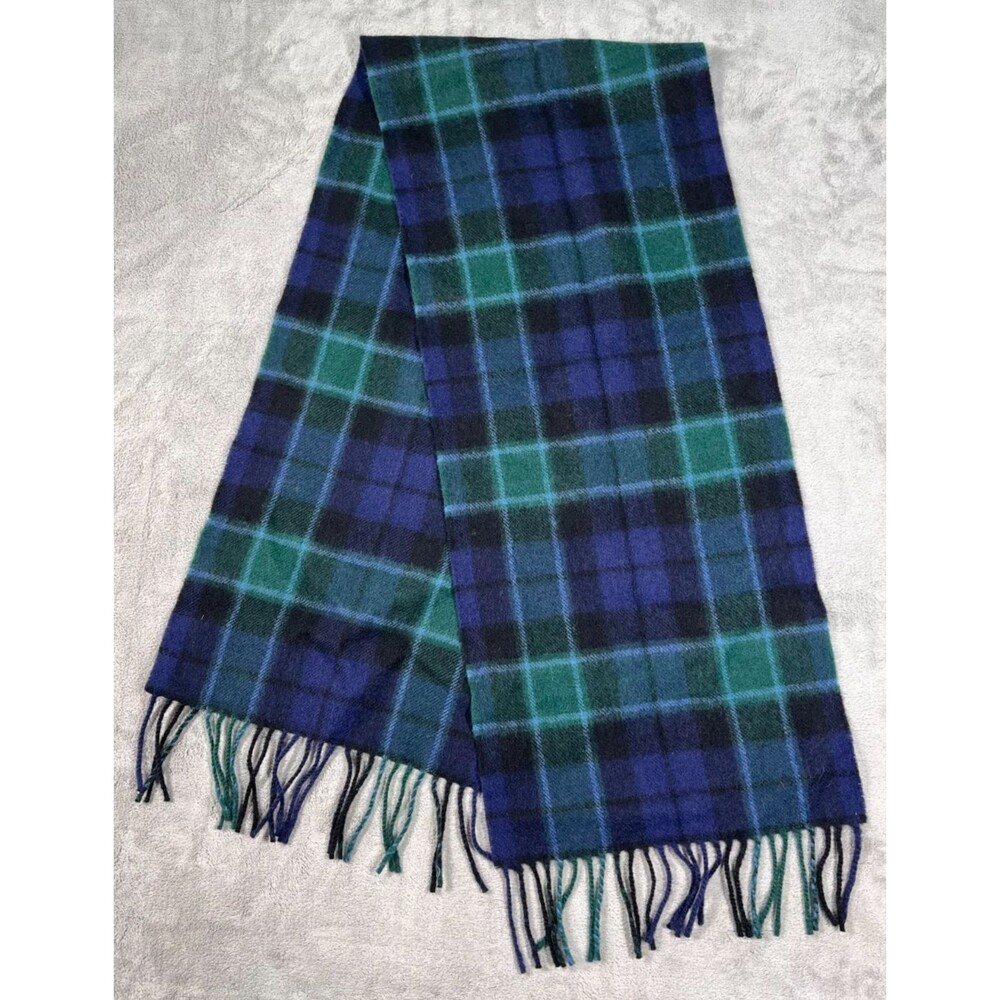 James Pringle Weavers Scarf Plaid Blue Green 100% Lambs Wool Fringe Scotland VTG